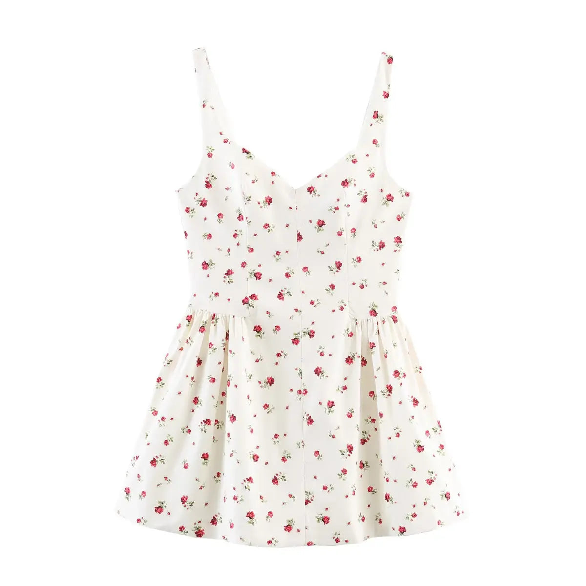 Front view of a white spaghetti strap dress with red rose print, sweetheart neckline, and gathered A-line skirt.