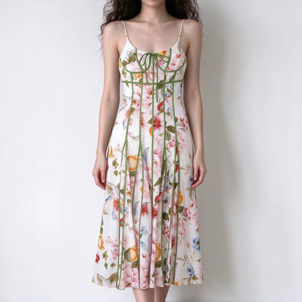 Model wearing white base floral spaghetti strap maxi dress, front bow detail, green piping, fitted waist, flowy A line skirt