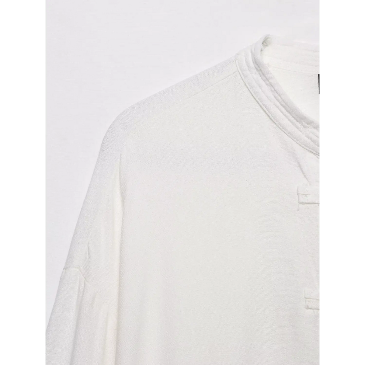 Close-up of stand collar, drop shoulder and frog button