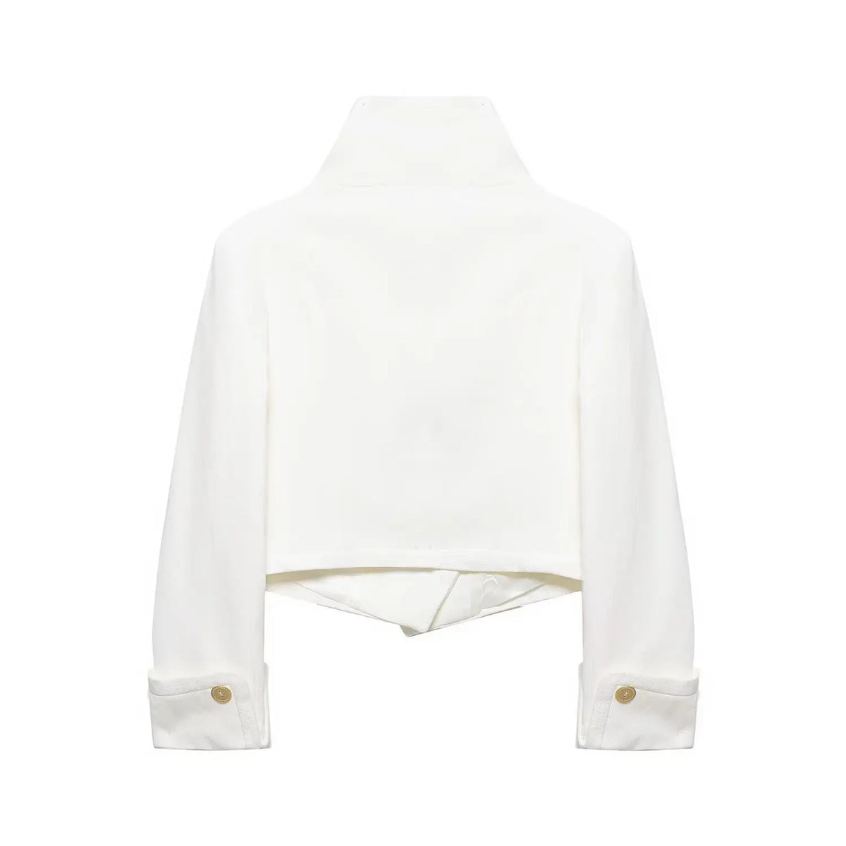 Back flat lay of white gold button double breasted stand collar cropped jacket