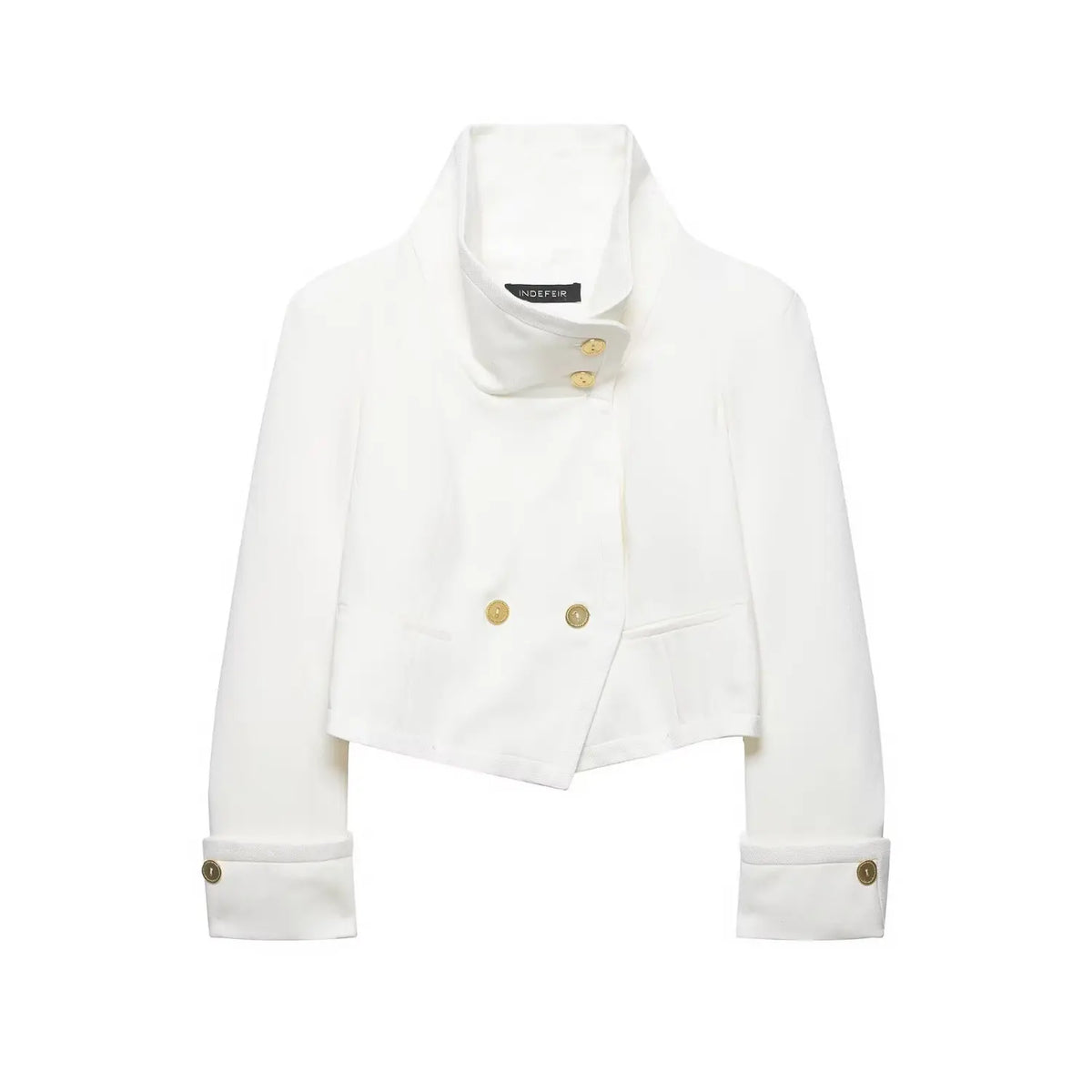 Front flat lay of white gold button double breasted stand collar cropped jacket
