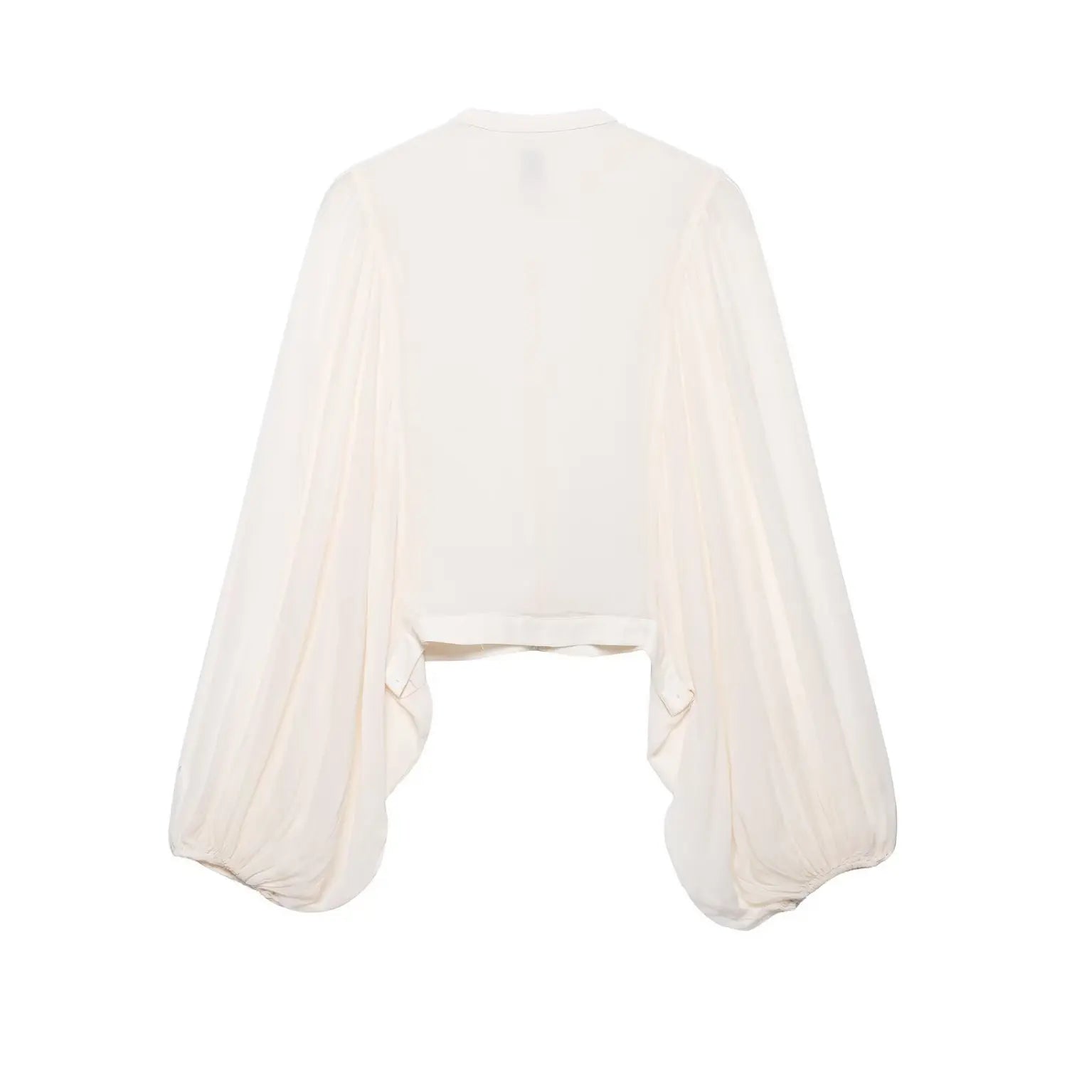 Women white embroidered cropped blouse, back view, flowy bishop long sleeves, isolated white background