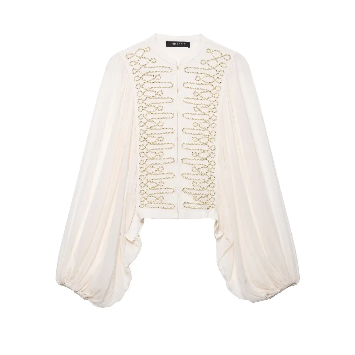 Women white cropped blouse with gold cord embroidery, voluminous bishop long sleeves, front full view on white background