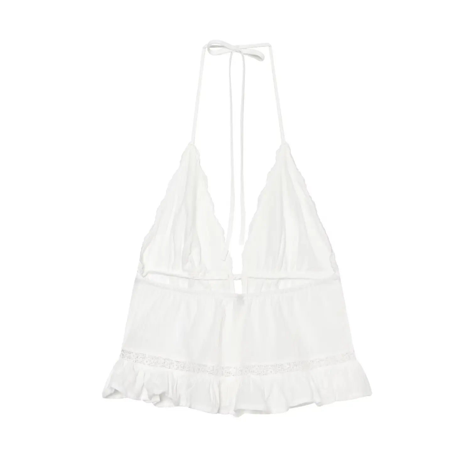 Full back flat view white cami, hollow open back, long matching white halter tie straps