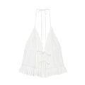 Full front flat lay of white version, identical lace trim, multi front tie detail, flowy ruffle hem