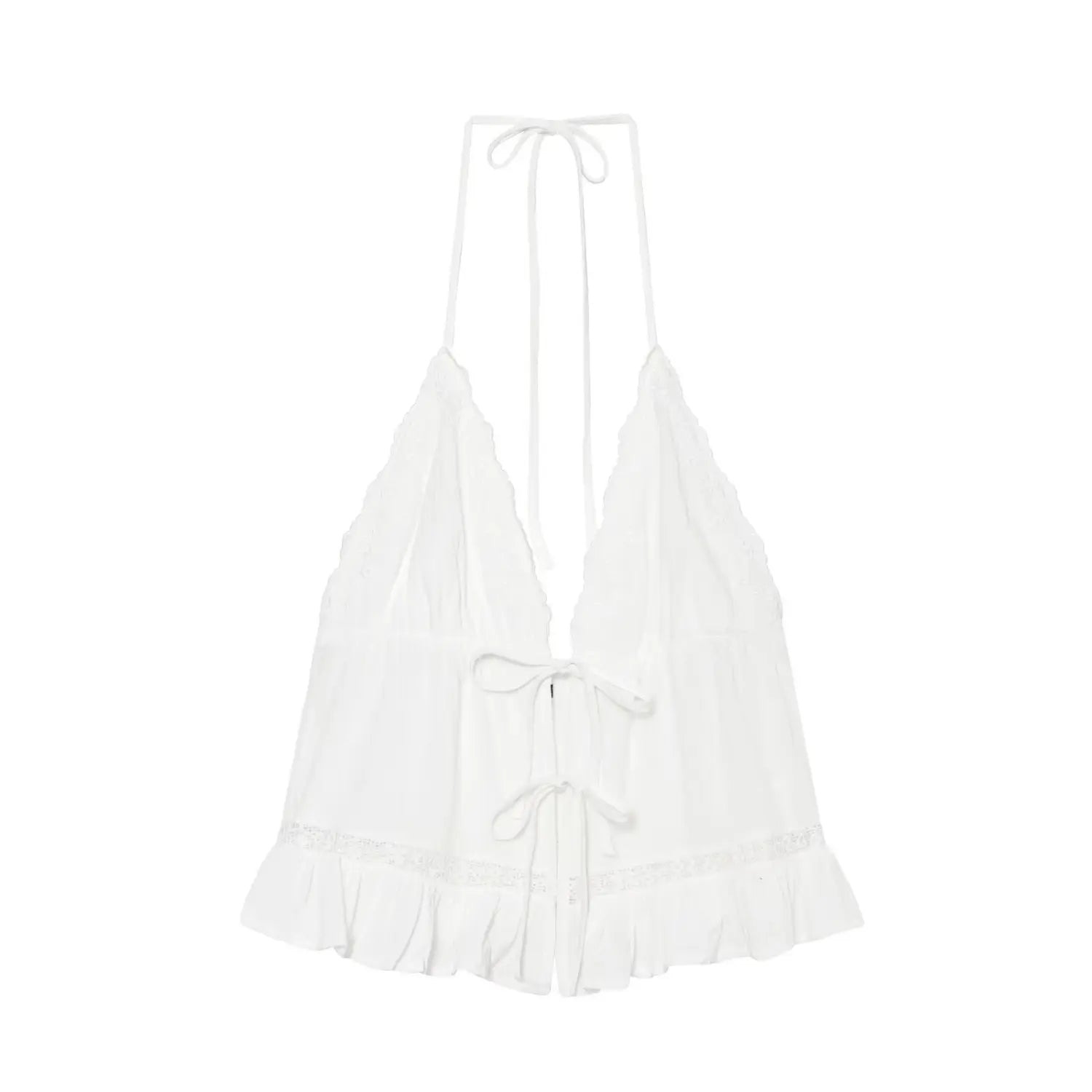 Full front flat lay of white version, identical lace trim, multi front tie detail, flowy ruffle hem