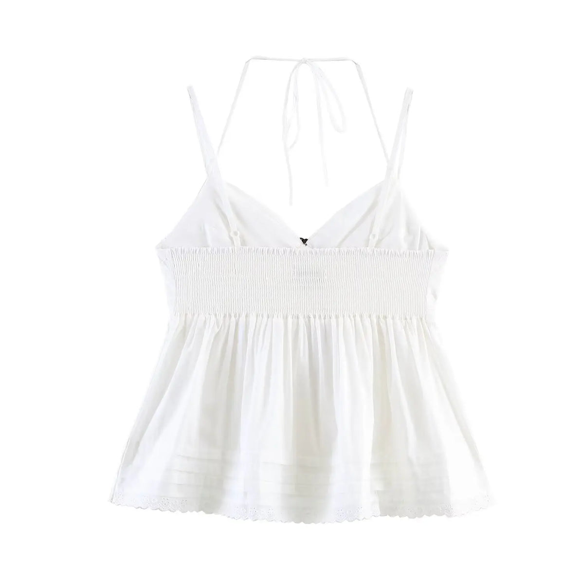White halter cami top back view, smocked elastic waist, tie halter straps, sleeveless peplum tank top
