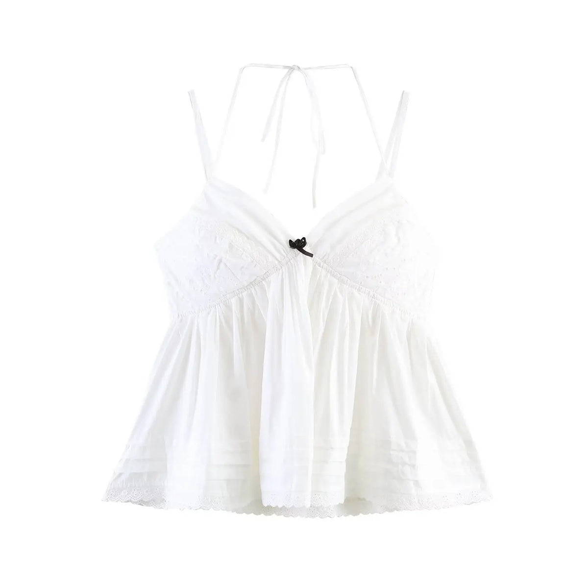 White halter cami top front view, v neck with small black bow, eyelet embroidery, peplum hem with lace trim