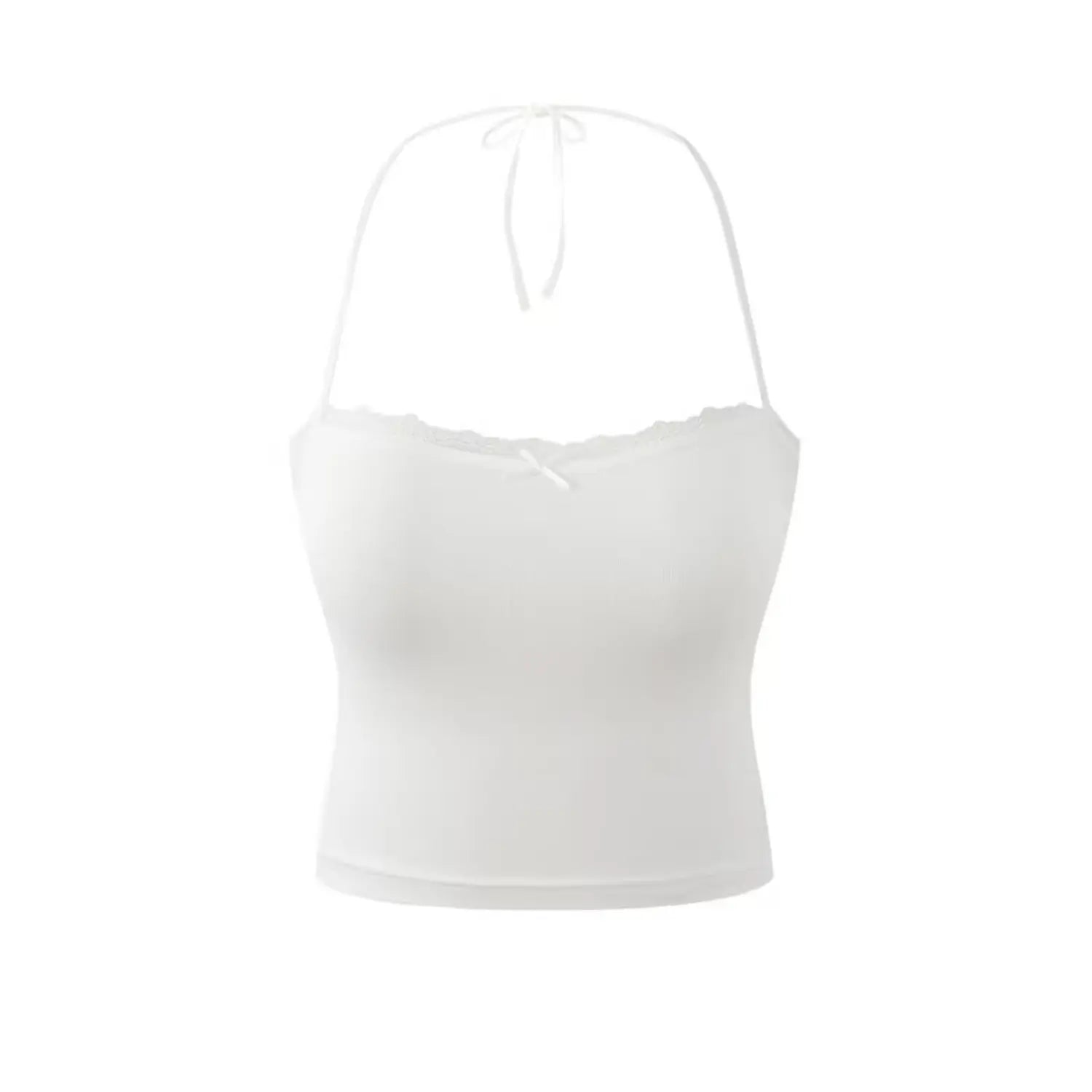 Studio product shot white halter crop camisole, showing back tie‑up halter strap design
