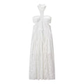 White floral hollow lace halter maxi dress front plain white flat lay, built-in bust cups mid waist cutout shirring layered ruffle skirt boho beach dress single color shot