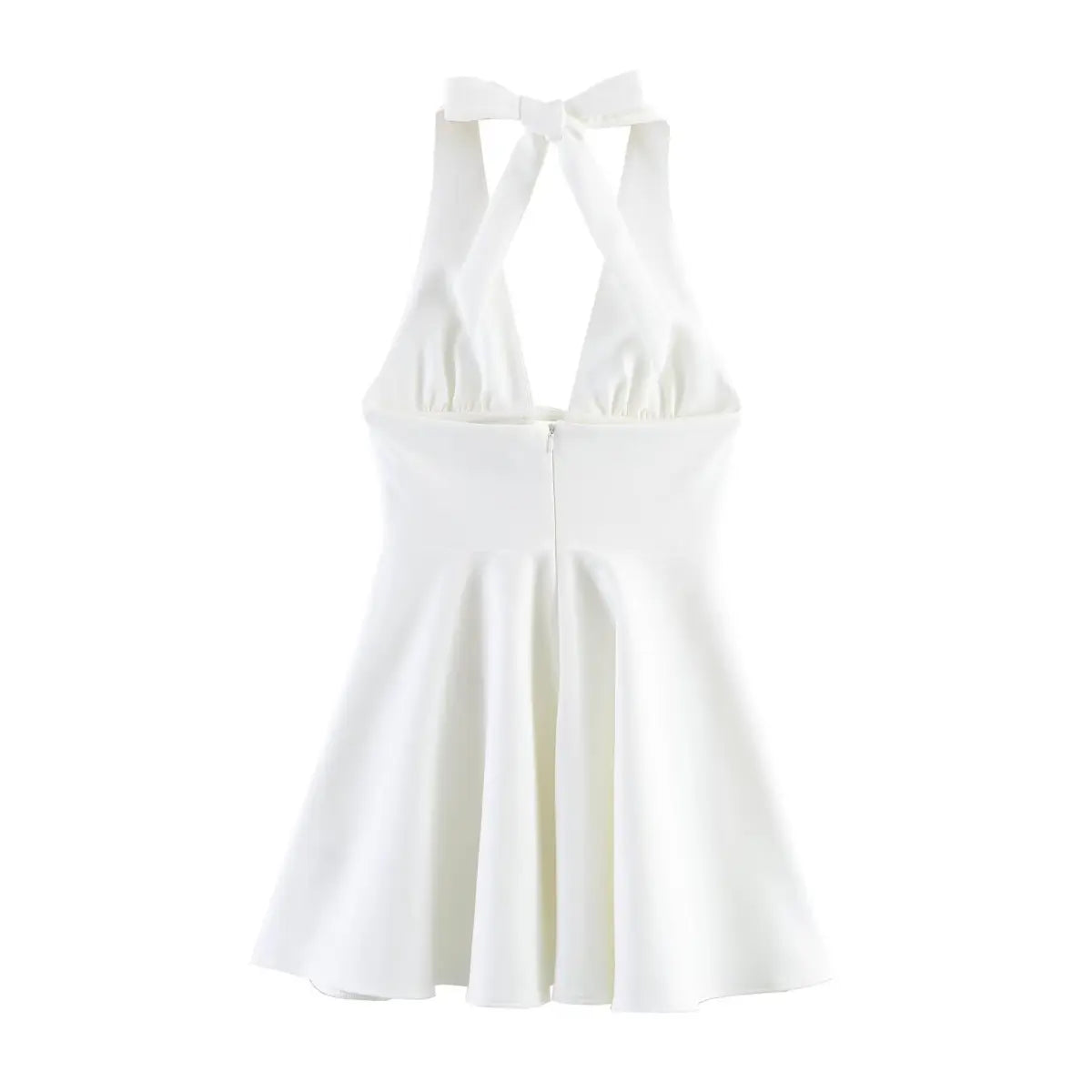 Full back view of white halter dress, showing the back zipper, fitted waist and flared skirt.