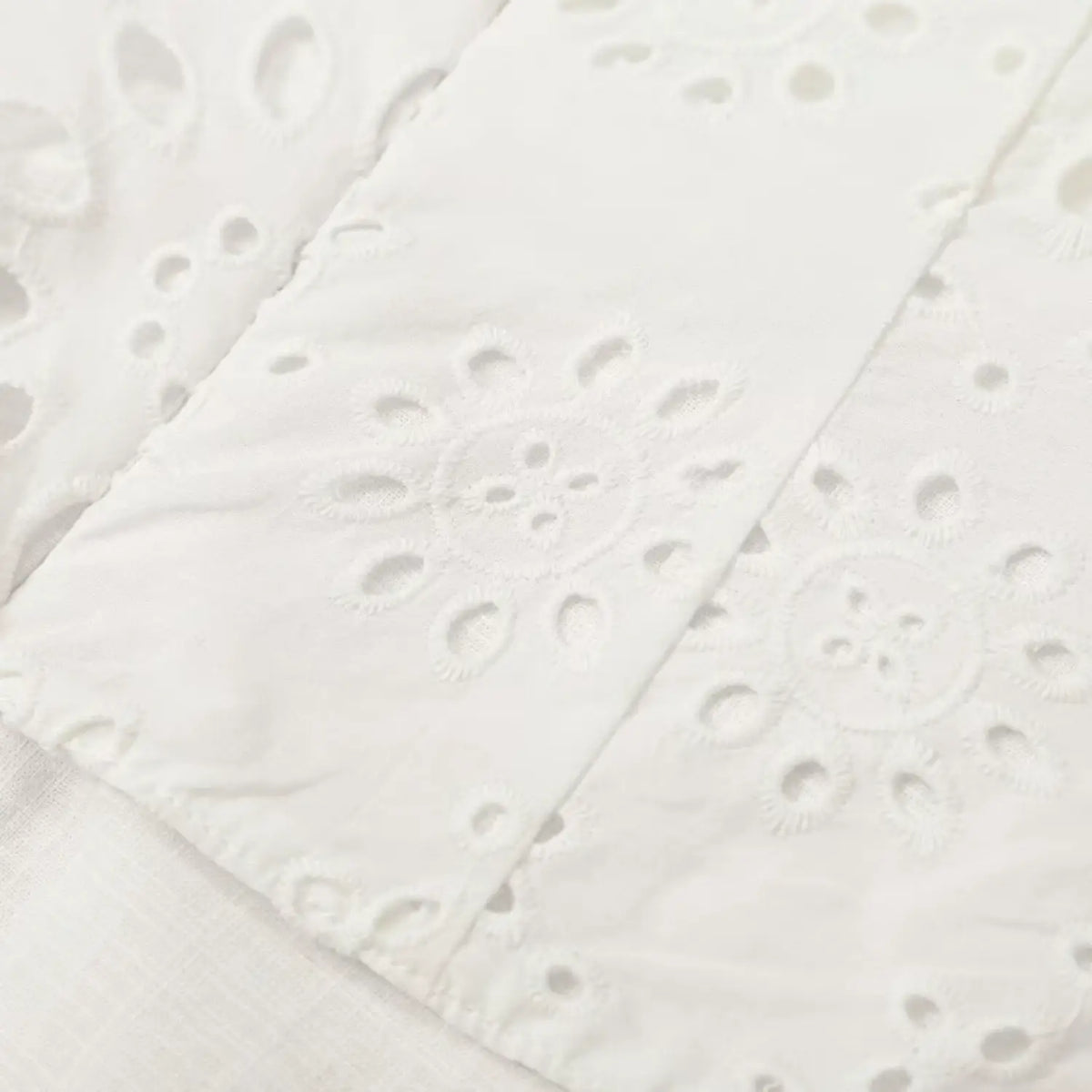 Close-up of floral eyelet embroidery on white cotton fabric