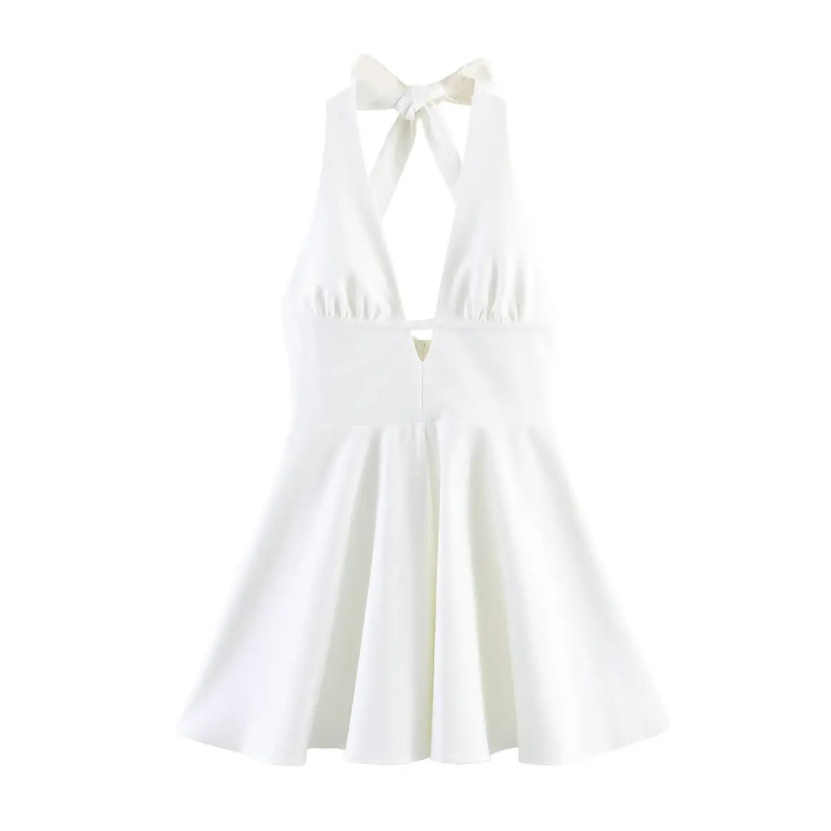 Full front view of white halter dress, featuring deep V-neck, cutout detail and flared mini skirt.