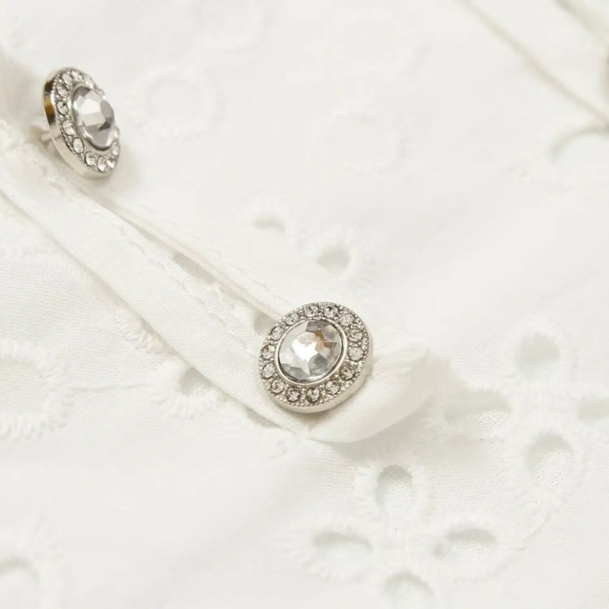 Close-up of sparkling rhinestone button on white eyelet fabric