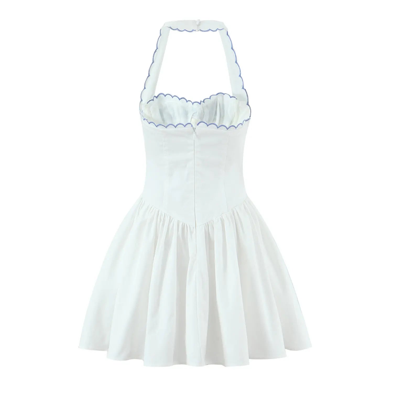 Back view isolated on white, white halter mini dress with full invisible center back zipper and scalloped halter straps