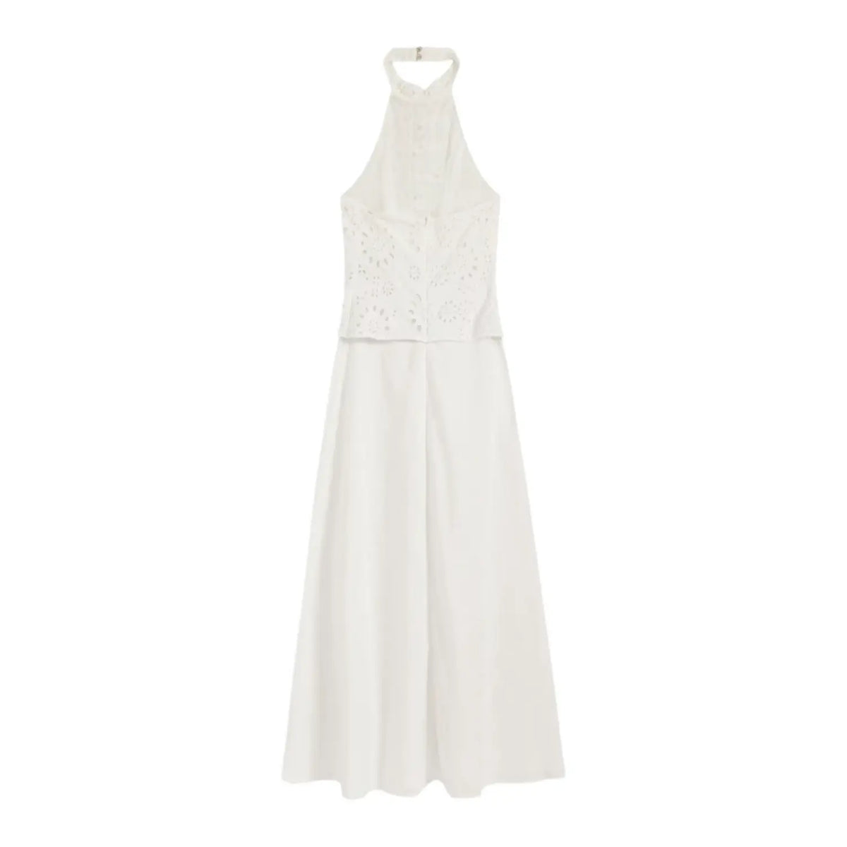 Back view of white halter neck eyelet embroidered maxi dress with open back