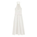 Front view of white halter neck eyelet embroidered maxi dress on white background