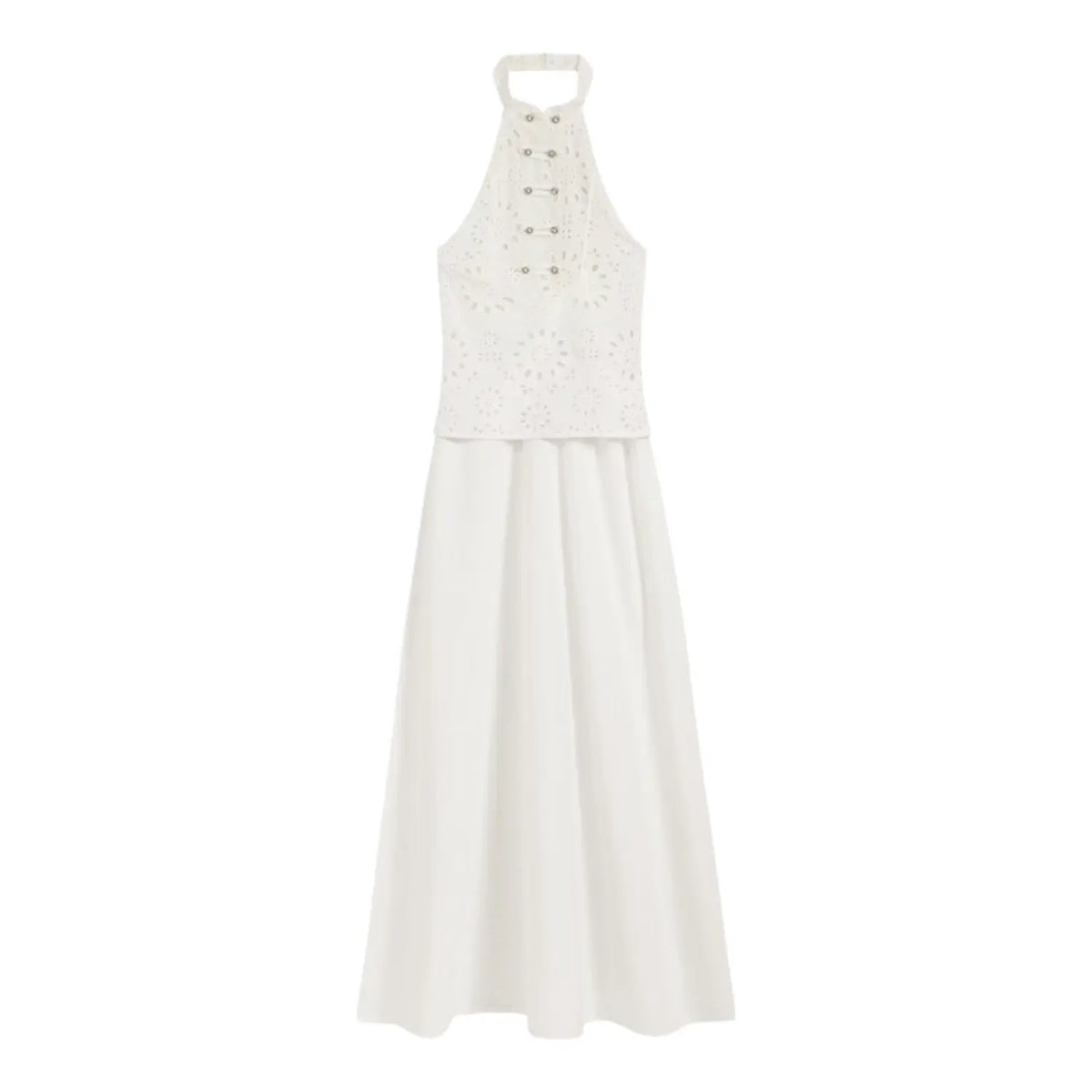 Front view of white halter neck eyelet embroidered maxi dress on white background