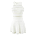 White sheer stripe halter knit mini dress single white flat lay, solid mesh layered stripes high halter cap sleeves slim waist short swing hem soft feminine knit dress shot