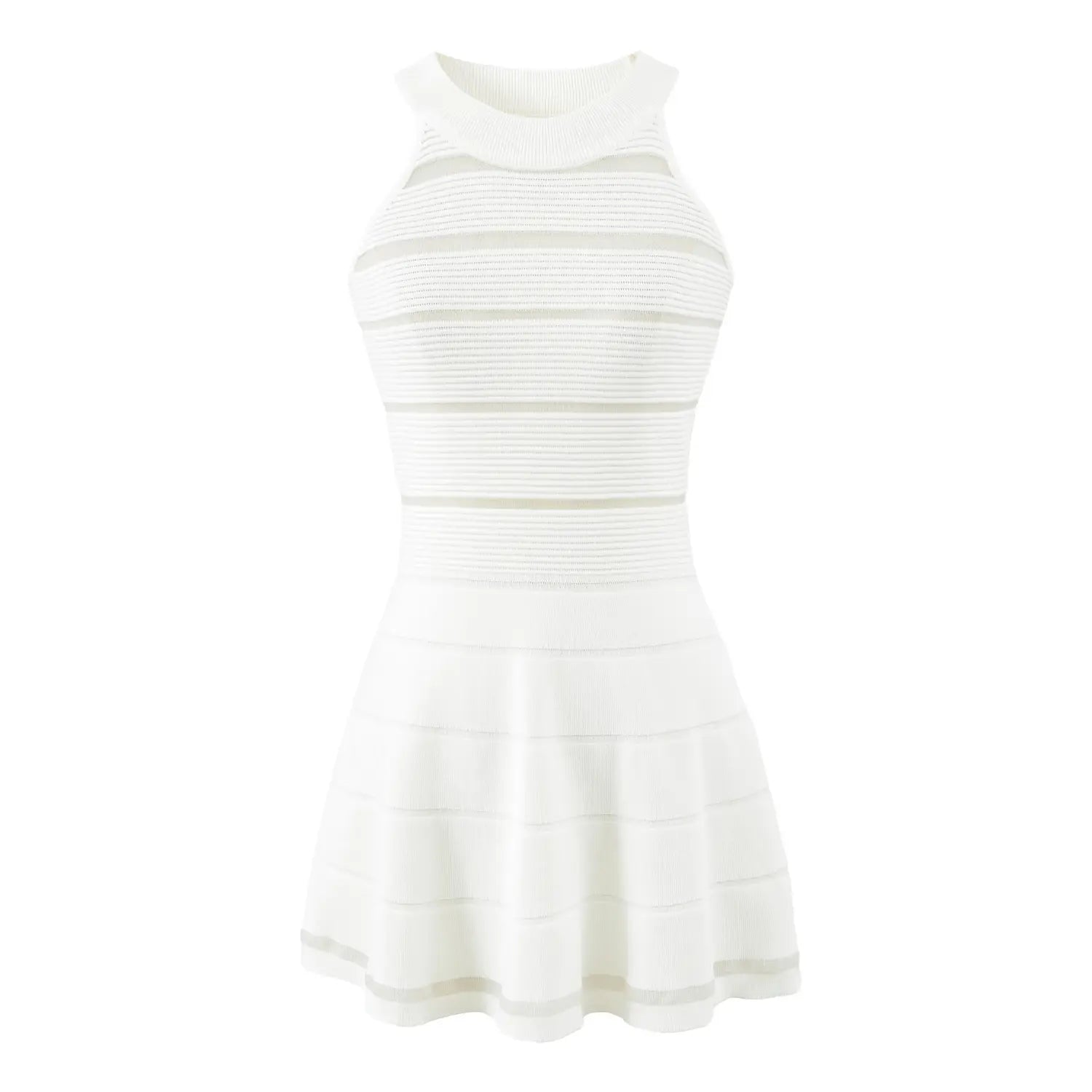White sheer stripe halter knit mini dress single white flat lay, solid mesh layered stripes high halter cap sleeves slim waist short swing hem soft feminine knit dress shot