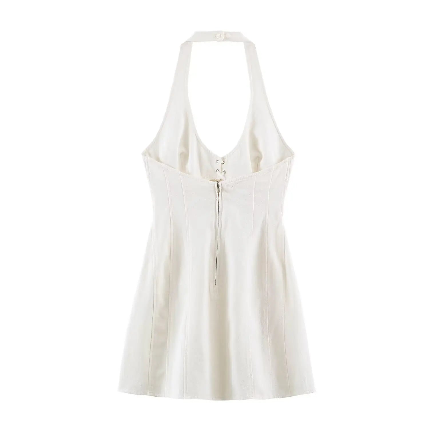 Back view of white halter bodycon mini dress with invisible metal zipper and halter neck button closure