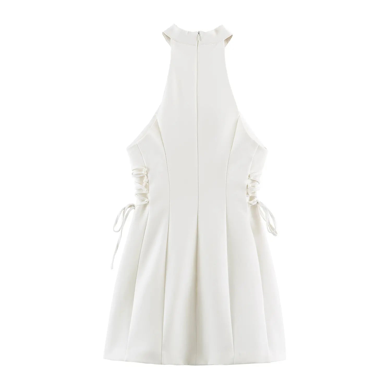 Back flat lay view of white halter sleeveless mini dress with side lace ties