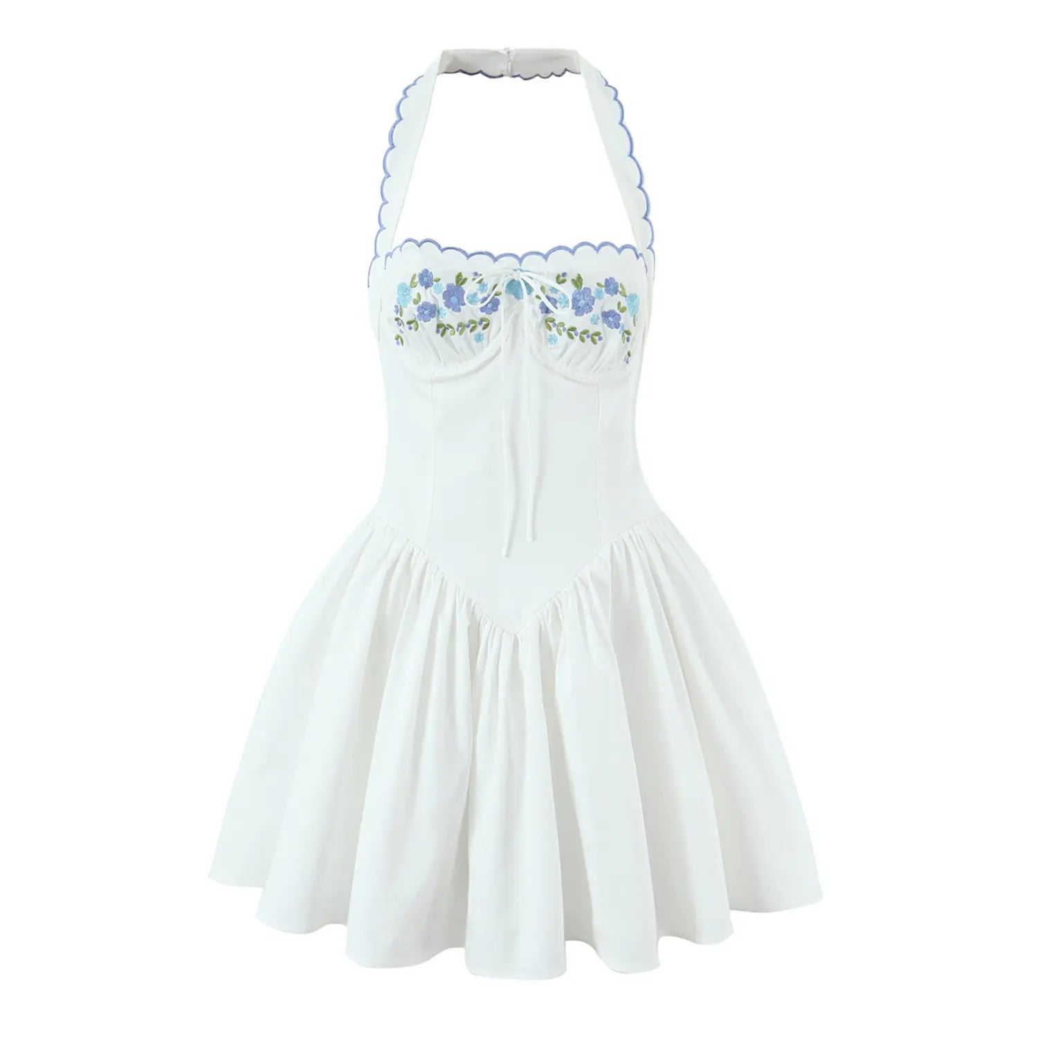Front view on white background, white halter fit-and-flare mini dress with blue floral embroidery, scalloped blue edge trim and front bust tie bow