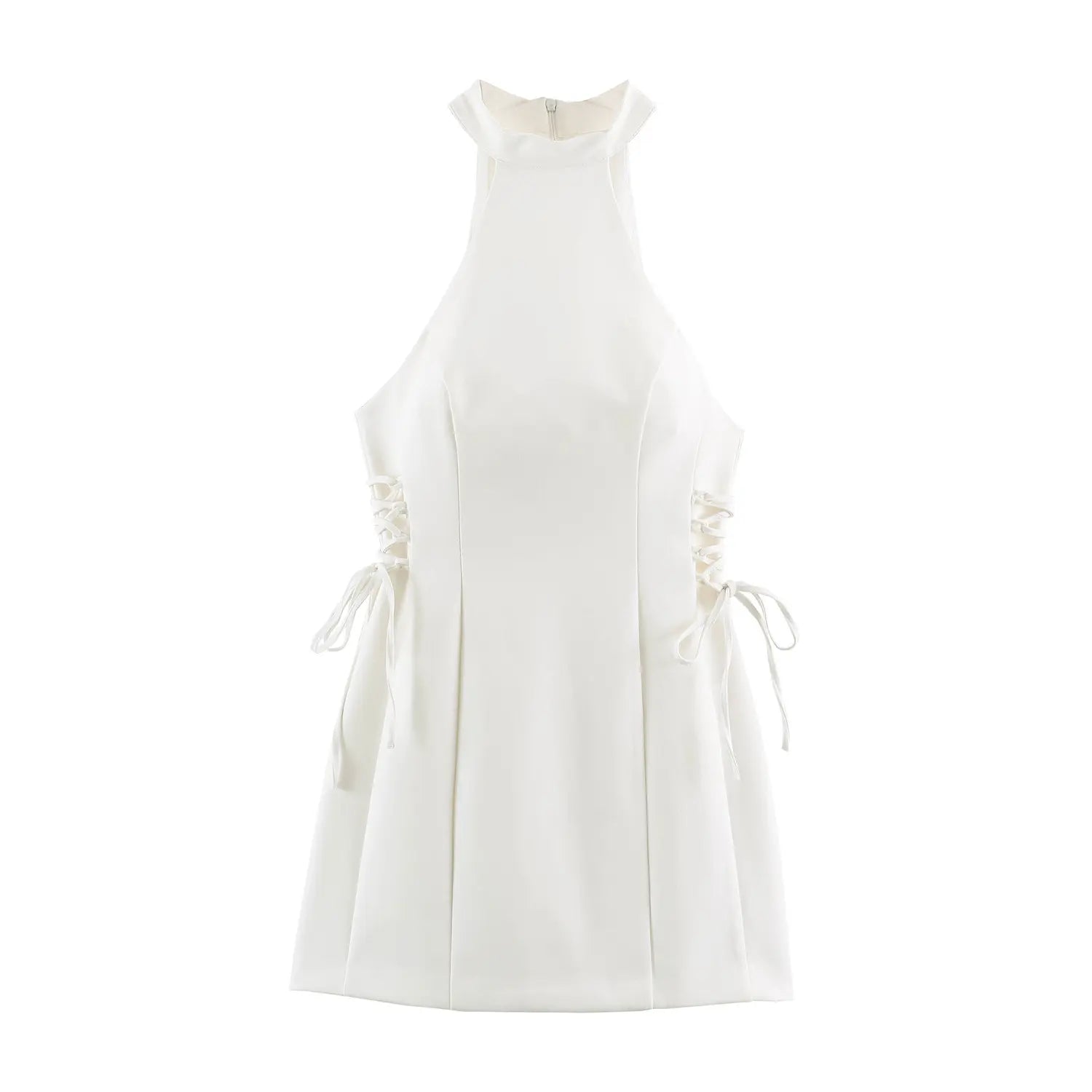 Front flat lay white halter sleeveless mini dress with side lace-up tie details on white background