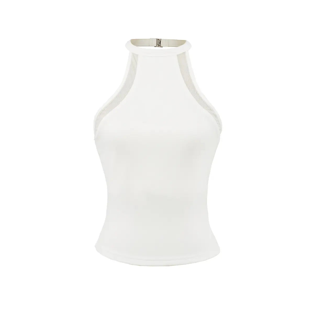 Front view white fitted halter tank top with side mesh panel metal clasp at halter neck