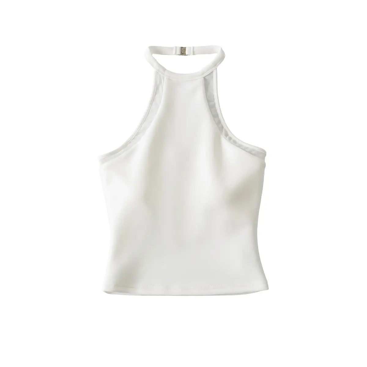 Flat lay back view of a white halter-neck top, showing the adjustable clasp, mesh panels, and form-fitting silhouette.
