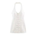 White halter v neck lace up corset detail bodycon mini dress front view on pure white background