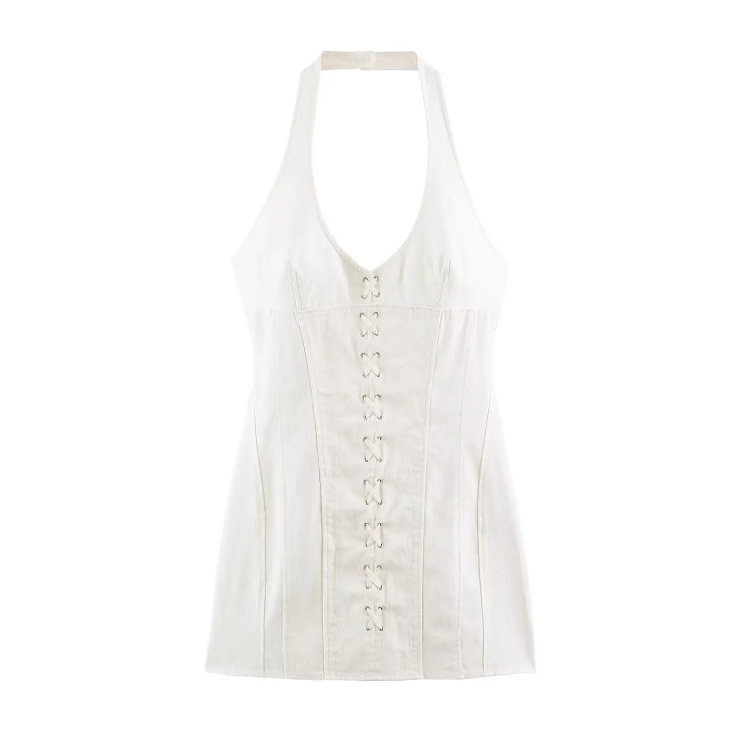 White halter v neck lace up corset detail bodycon mini dress front view on pure white background