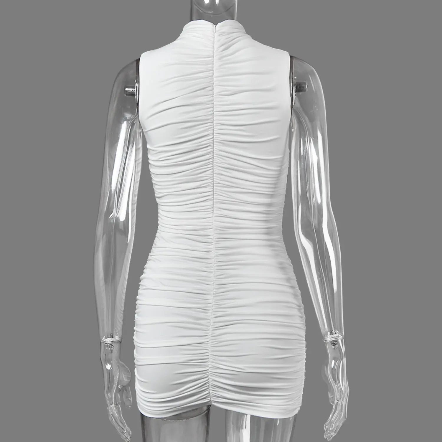 Back view white ruched bodycon mini dress with center back zipper on mannequin