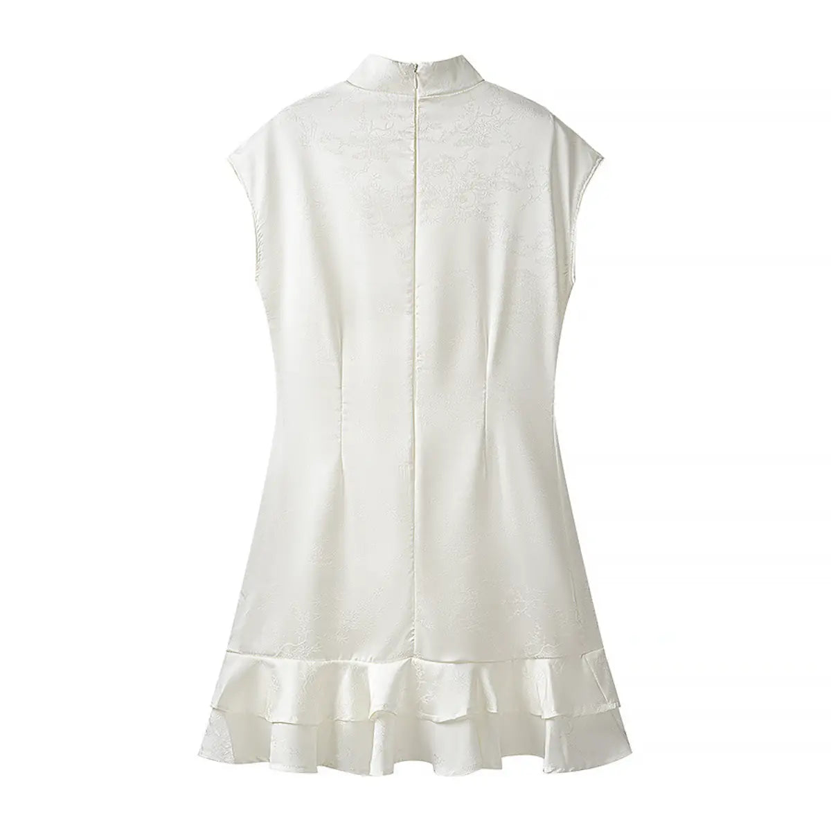 Full back view of white jacquard cheongsam dress, showing the center back zipper and tiered ruffle hem