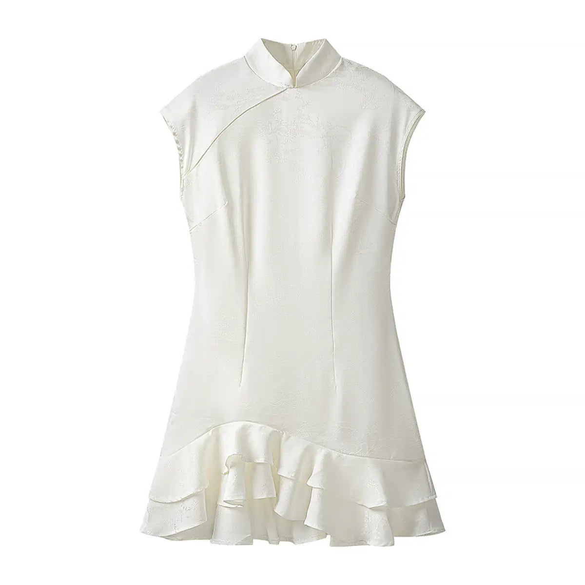 Full front view of white jacquard cheongsam dress, featuring the mandarin collar, sleeveless design, and tiered ruffle hem