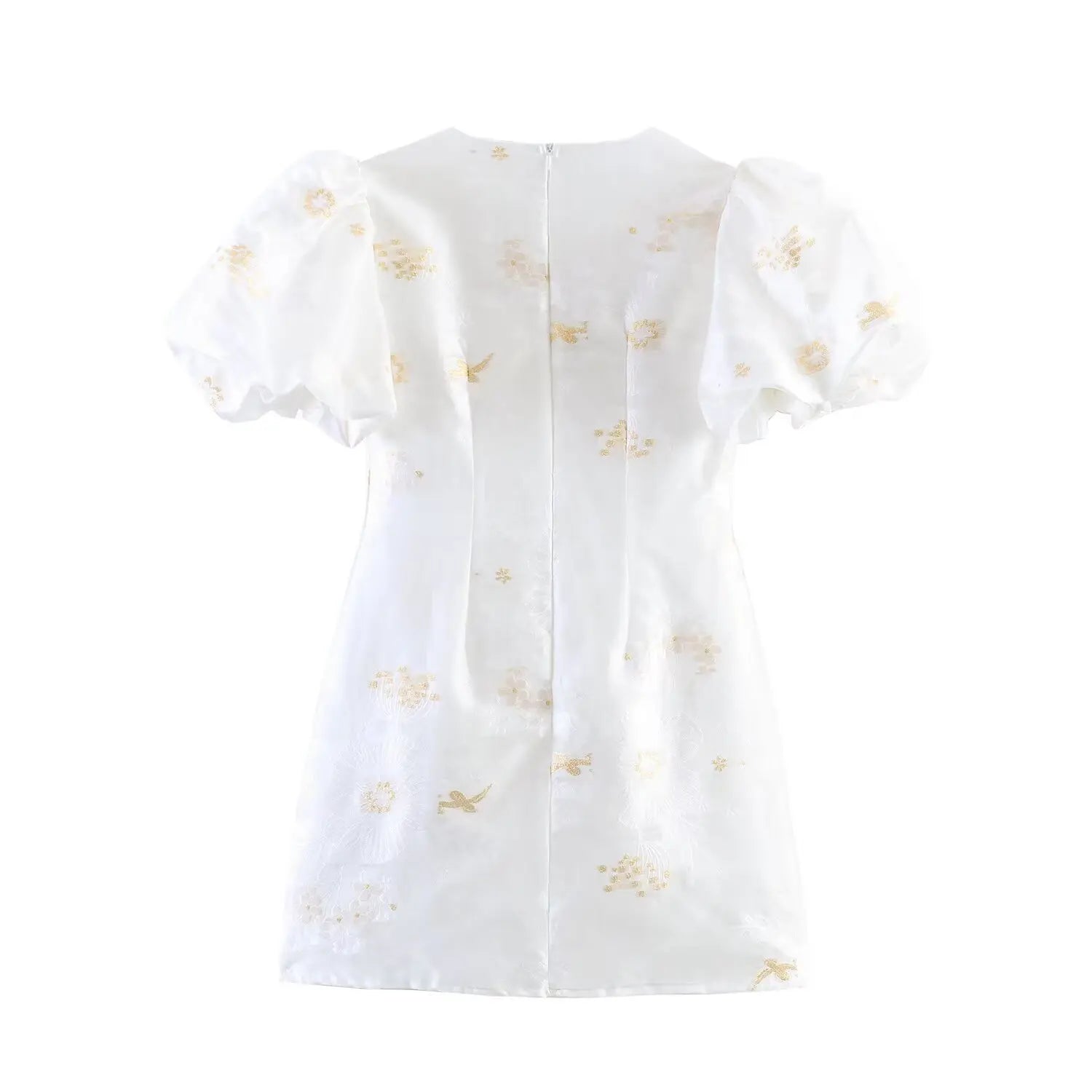 Complete dress back flat shot, matching gold bird floral embroidery, center back invisible zipper, voluminous sheer puff sleeves
