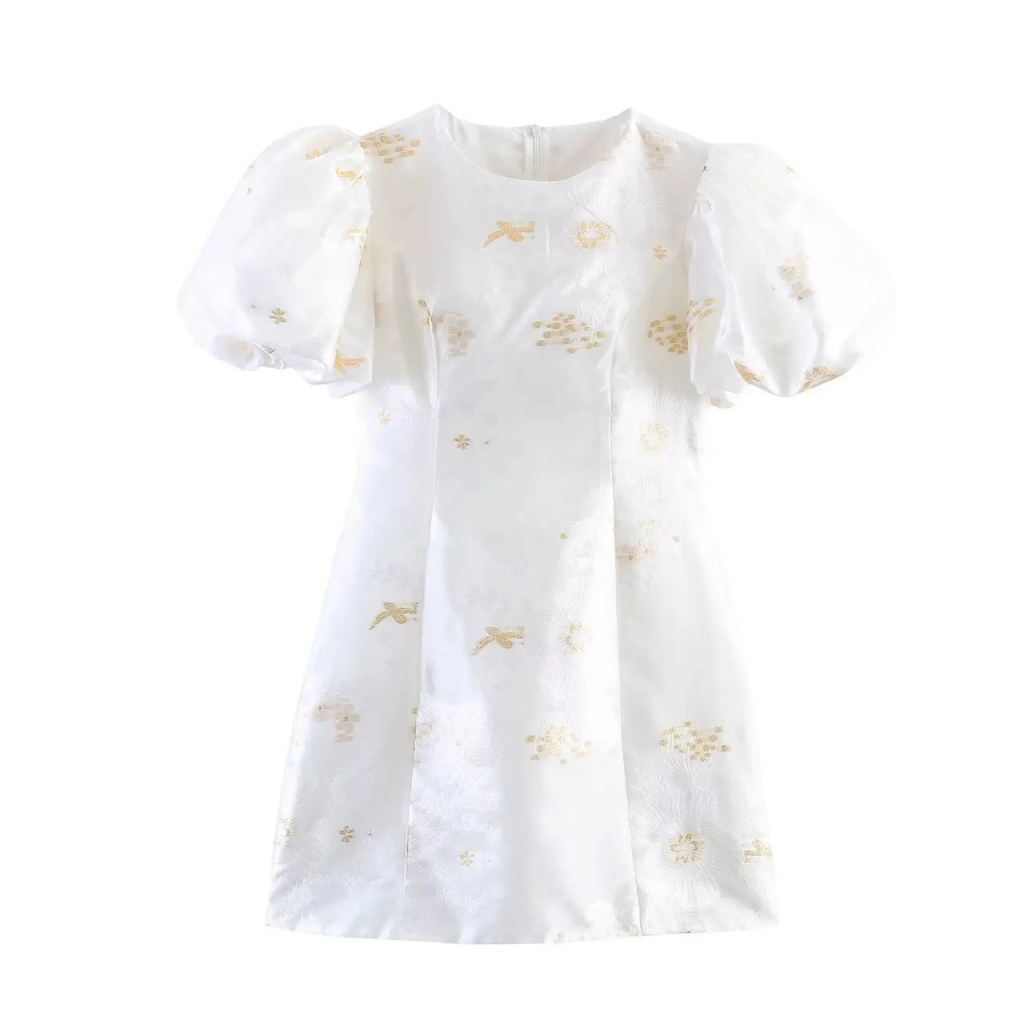 Whole mini dress front flat lay main view, white subtle jacquard base with golden embroidery bird & floral motifs, round crew neck, sheer organza puff short sleeves, fitted waist A-line short skirt