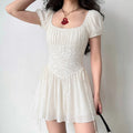 Real wear shot cream white jacquard corset mini dress, square puff sleeve fitted waist flowy short skirt women casual outfit