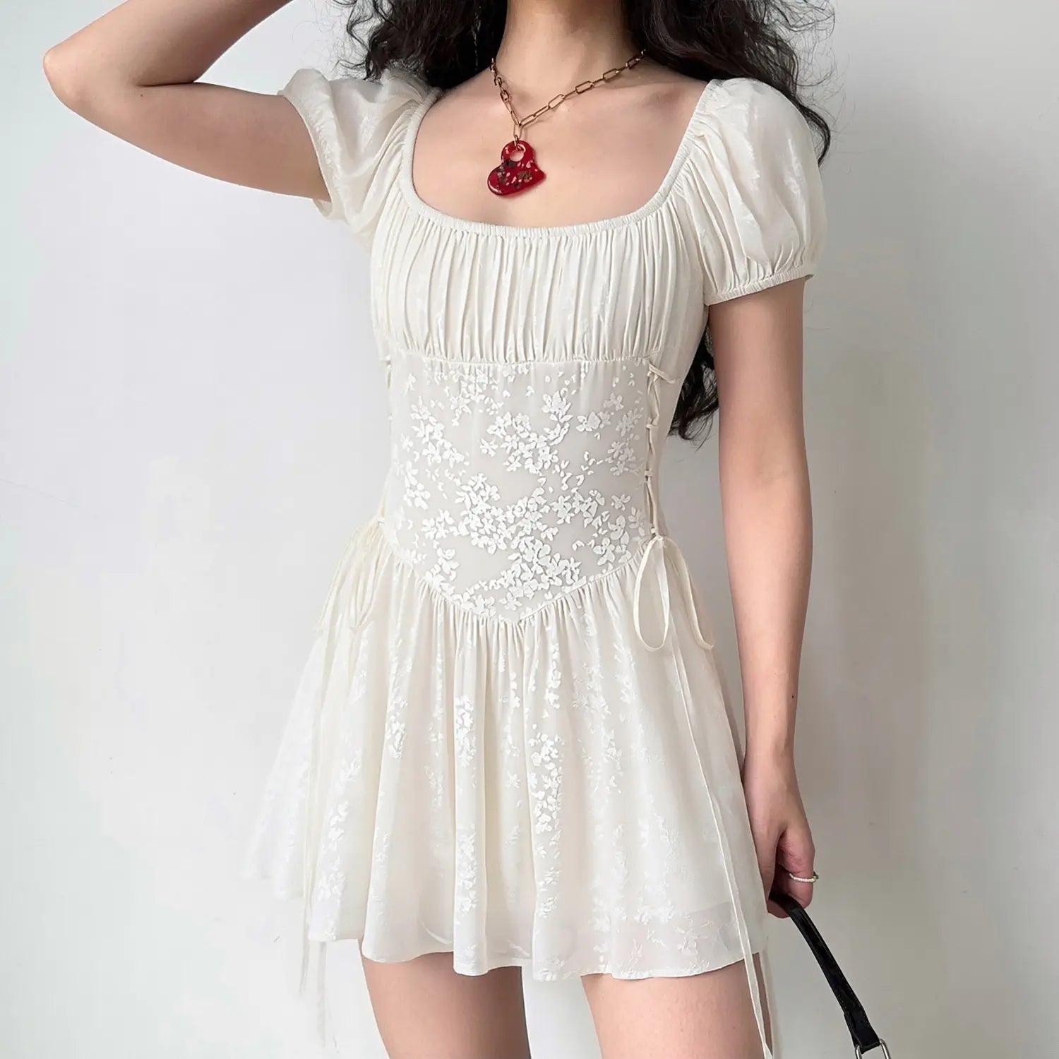 Real wear shot cream white jacquard corset mini dress, square puff sleeve fitted waist flowy short skirt women casual outfit