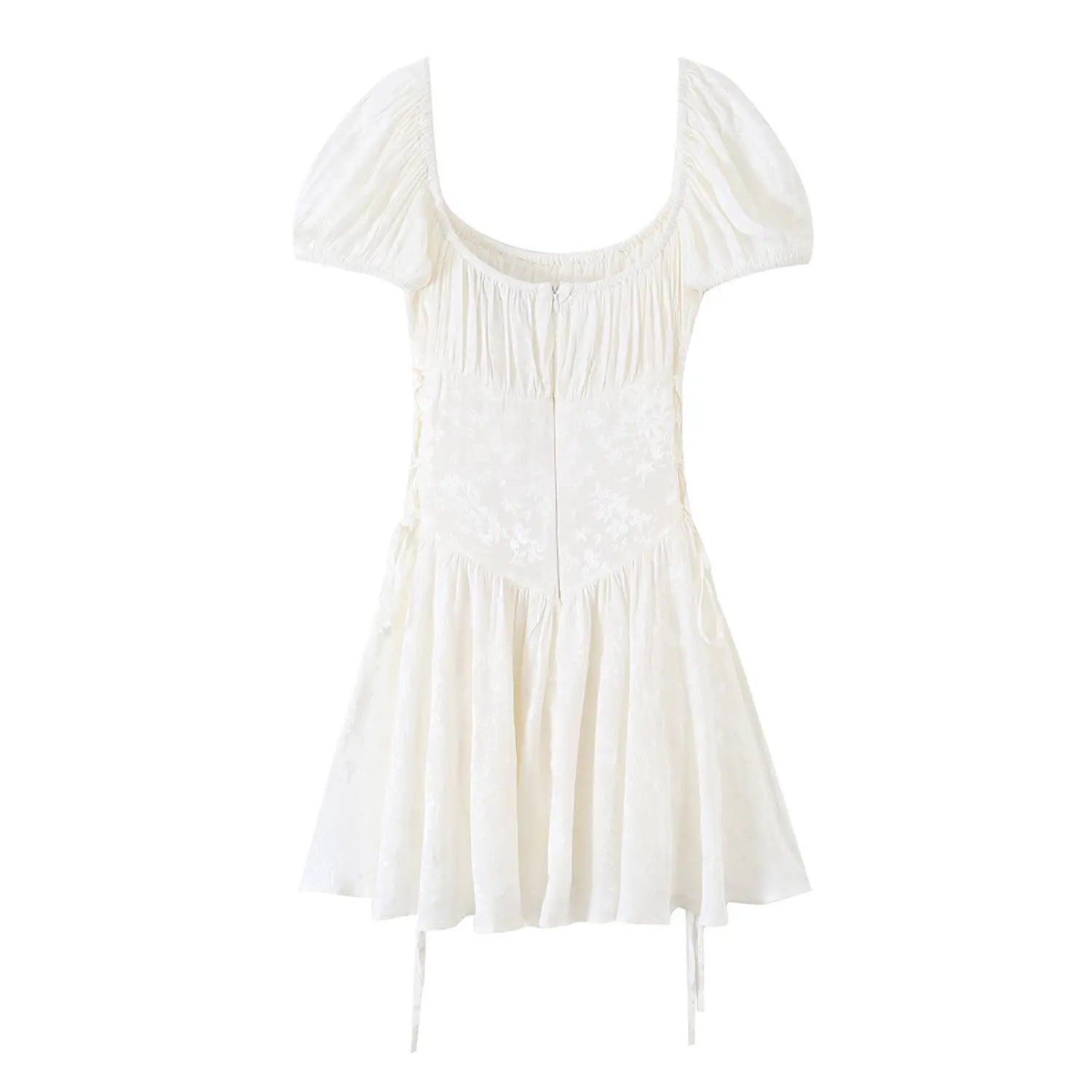 White jacquard short dress back full shot, invisible center zipper, adjustable side drawstring ties, flared ruffle hem