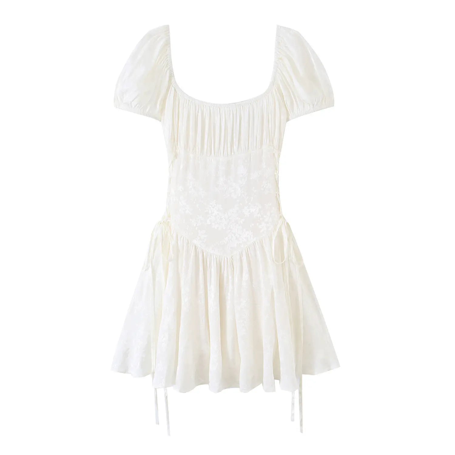 Cream white subtle floral jacquard mini dress front view, square neck puff short sleeve, side lace up tie detail ruched bust flowy skirt
