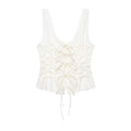 Full flat‑lay back view of white lace cami top, scallop lace trim straps, crinkled textured fabric, multi tie lace‑up back, peplum hem, white background