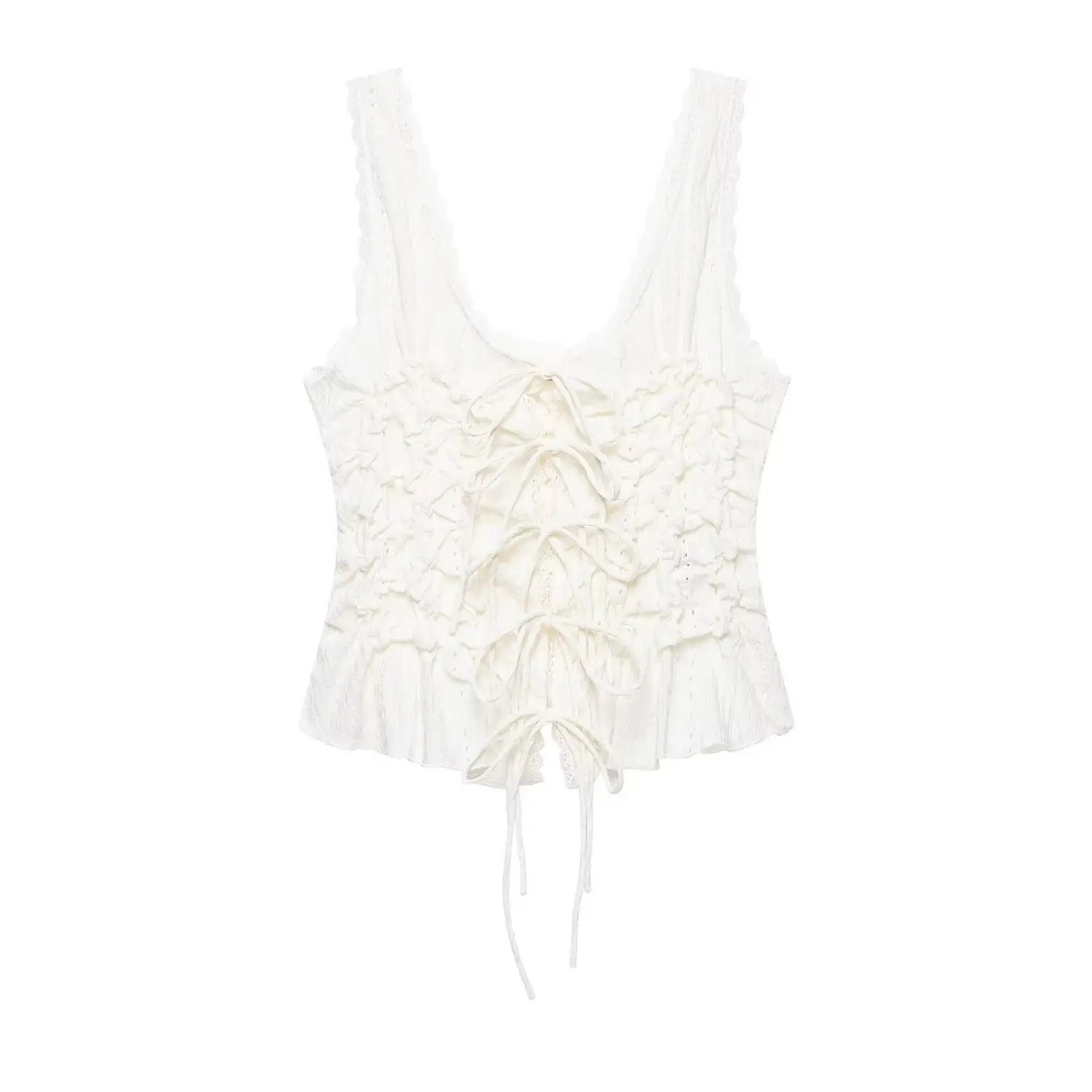 Full flat‑lay back view of white lace cami top, scallop lace trim straps, crinkled textured fabric, multi tie lace‑up back, peplum hem, white background