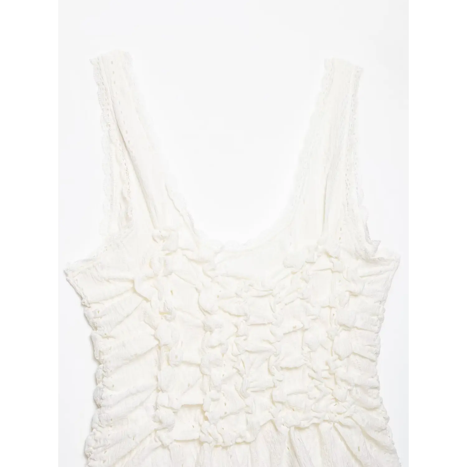 Full flat‑lay front view of white lace cami top, scalloped lace shoulder straps, ruched textured bodice, v‑neckline, white background