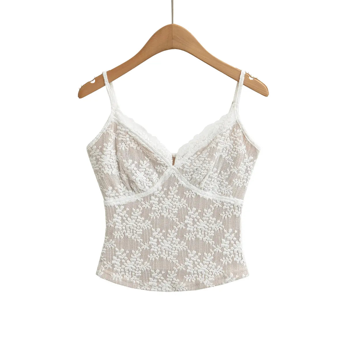 White lace cami top with V-neck, hanging on wooden hanger, front view