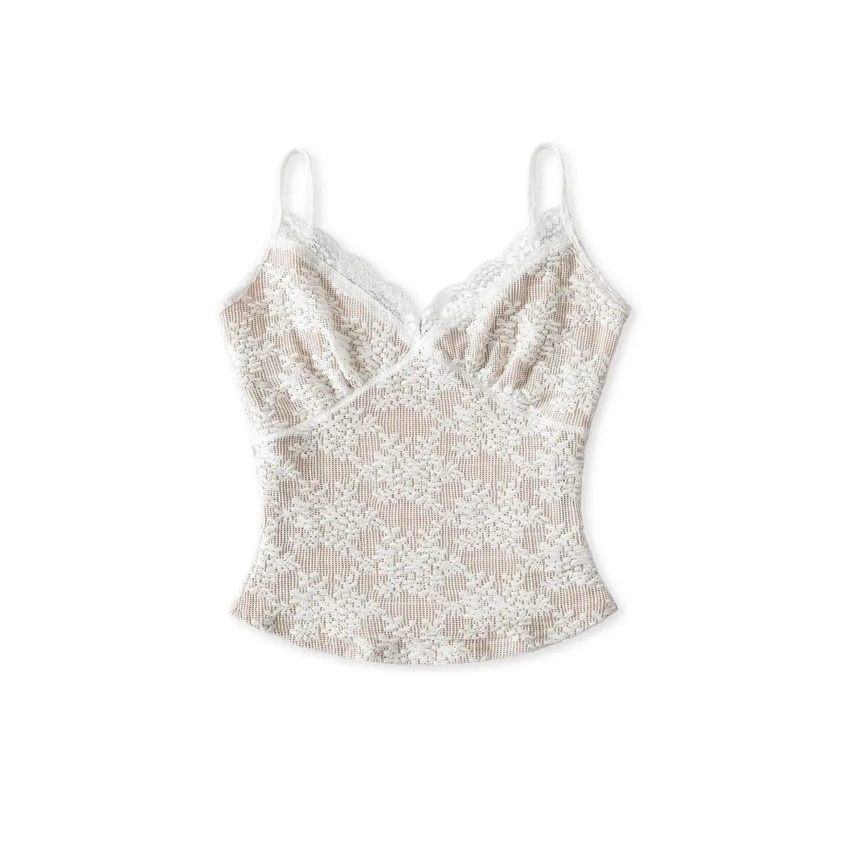 Front shot of the white lace camisole, showing the scalloped V-neck, lace texture, and fitted silhouette.
