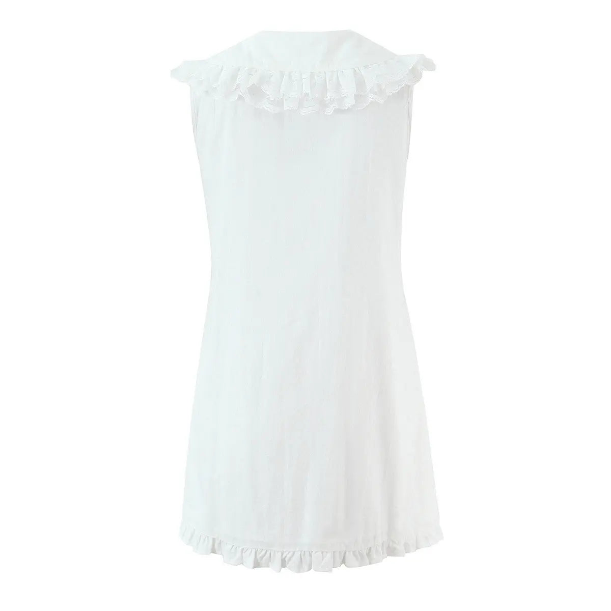 Full back view of the dress, showing the plain back and ruffled lace collar.