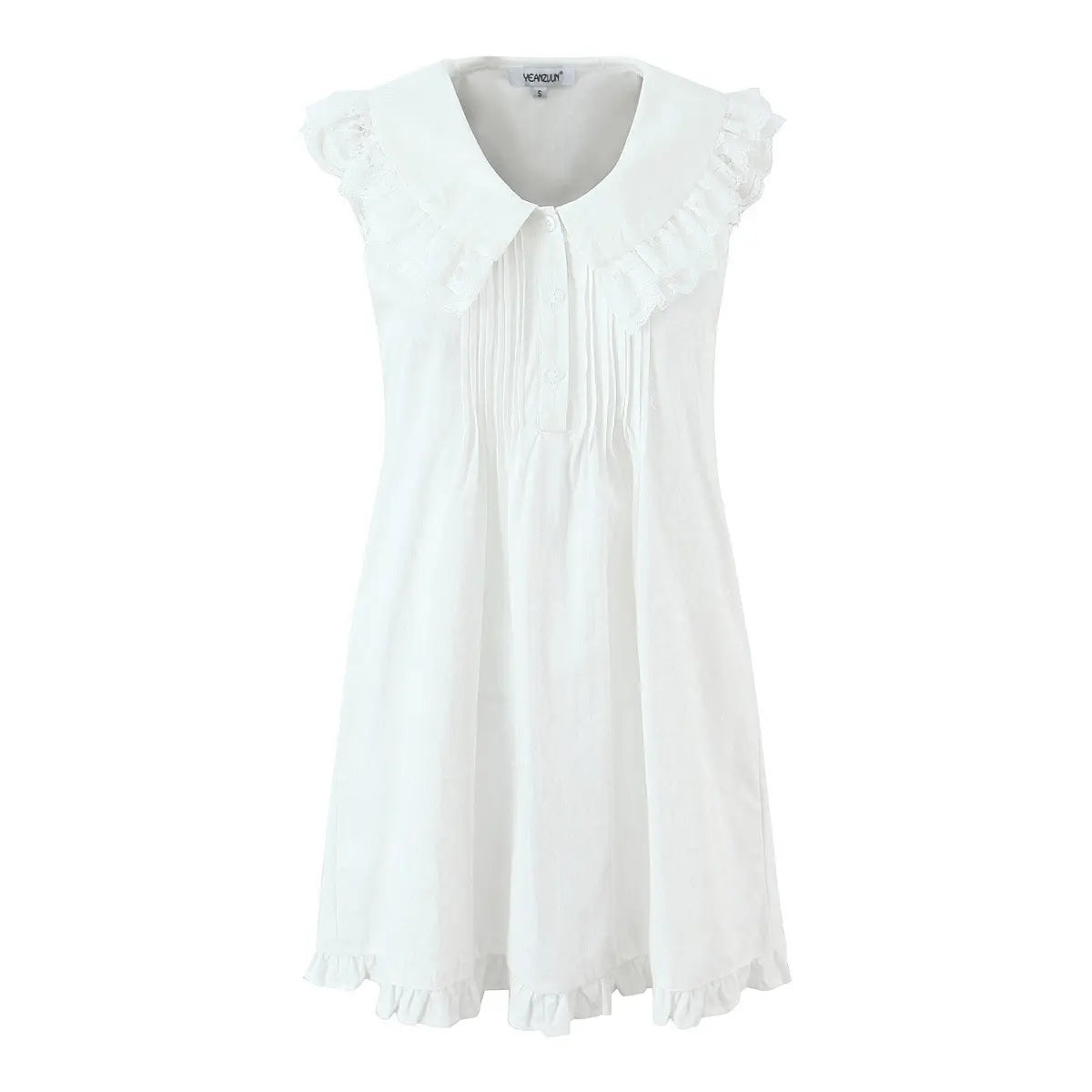 Full front view of the dress, showing the lace-trimmed Peter Pan collar, button placket, and ruffled hem.