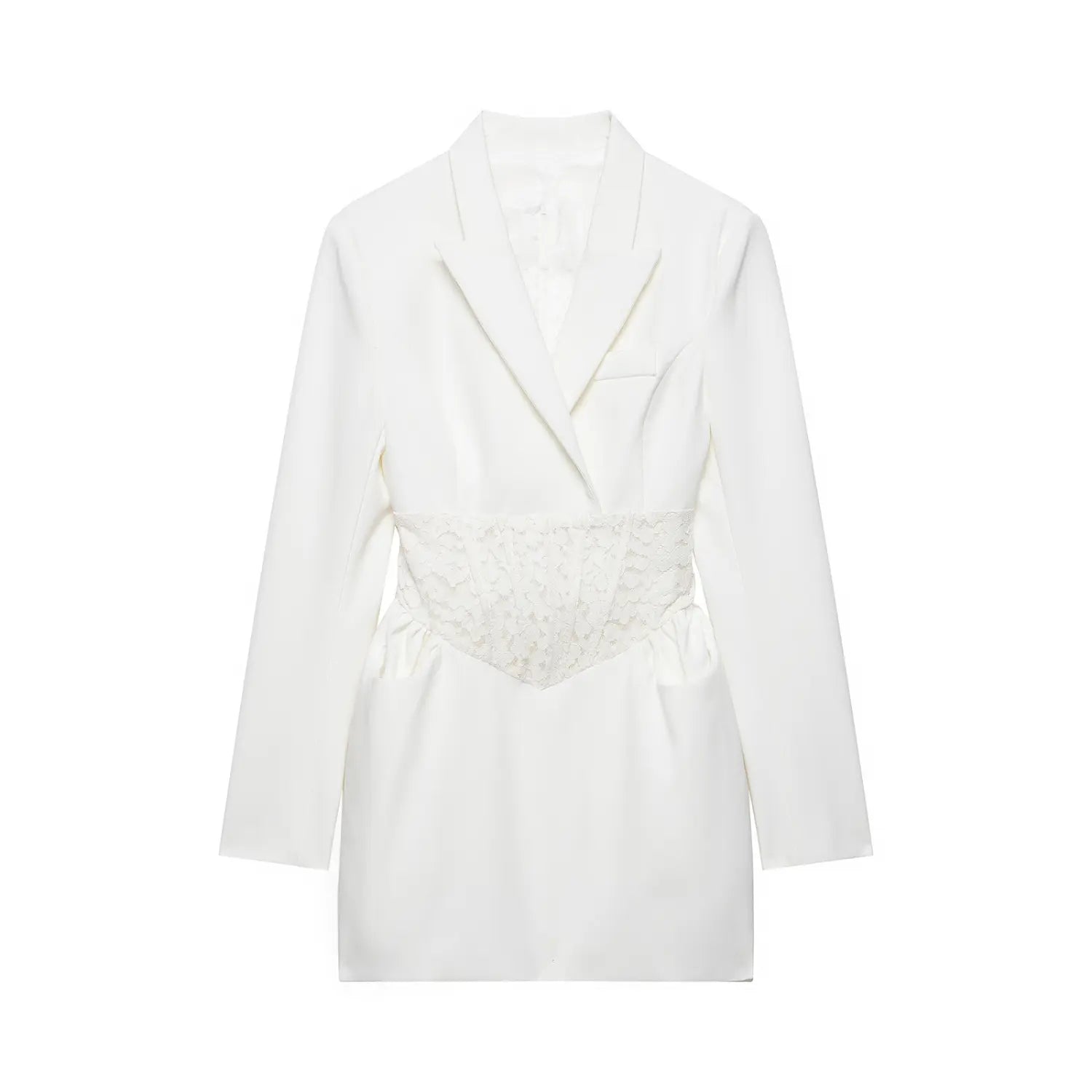 Front view white long sleeve blazer mini dress, notched lapel, fitted floral lace corset waist and side pockets