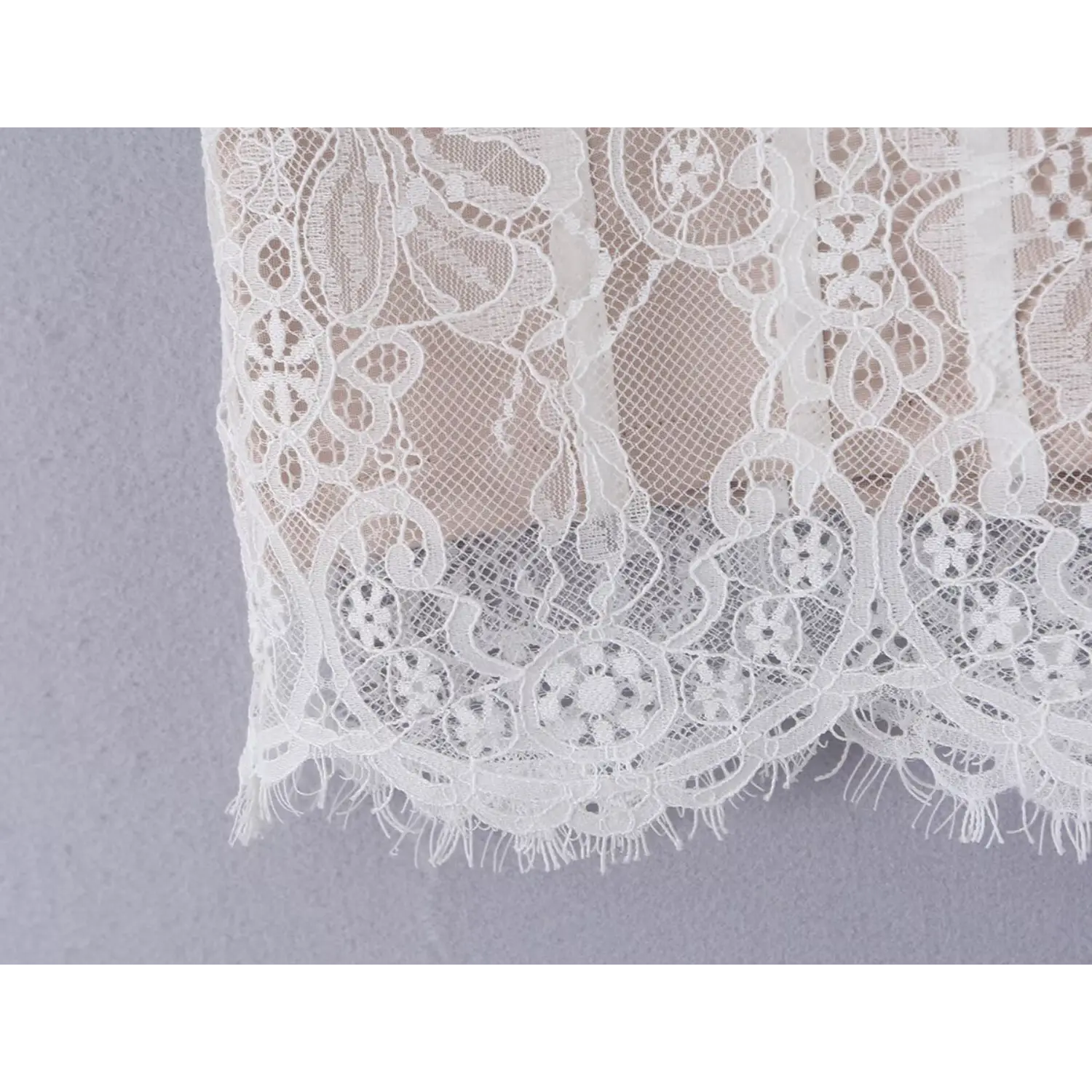 Extreme close‑up of scalloped eyelash lace hem edge workmanship